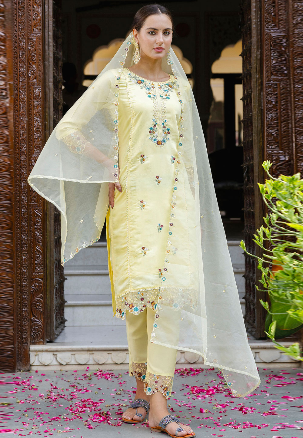 Yellow Viscose Readymade Pant Style Suit 329961