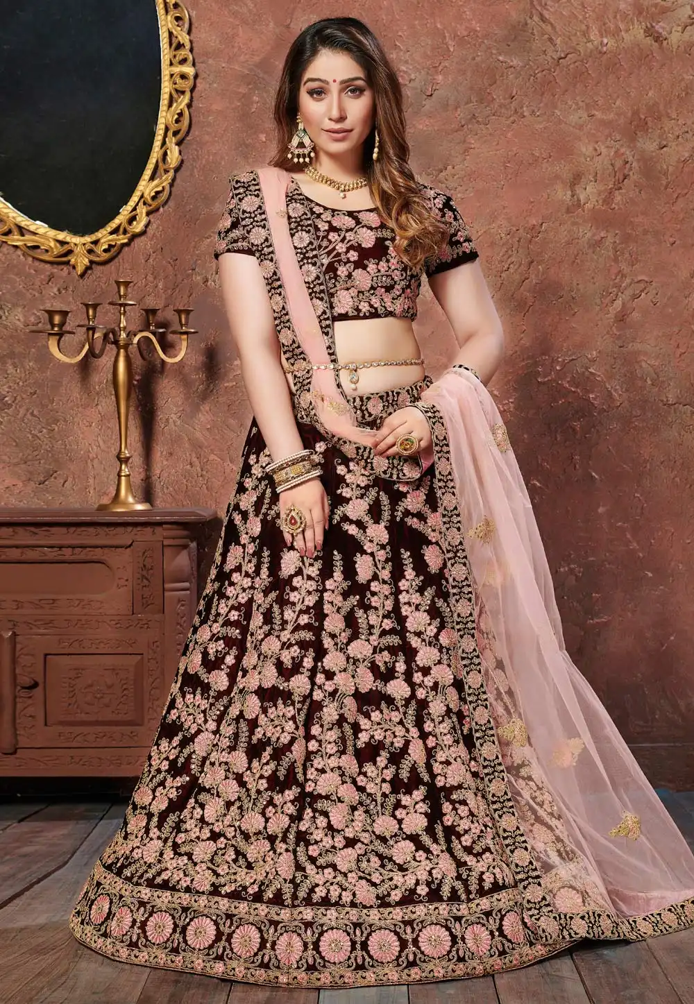 Maroon Velvet Circular Lehenga Choli 185708