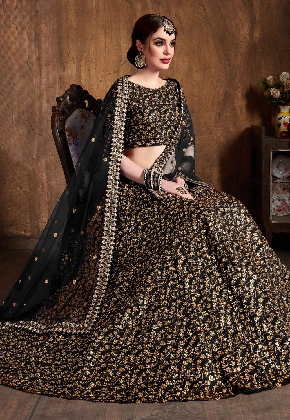 Black Raw Silk Embroidered Circular Lehenga Choli 193941
