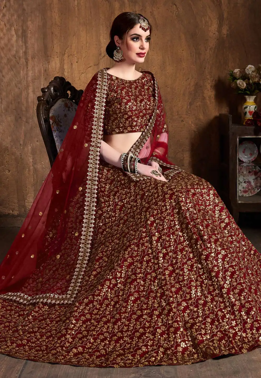 Maroon Raw Silk Embroidered Circular Lehenga Choli 193942