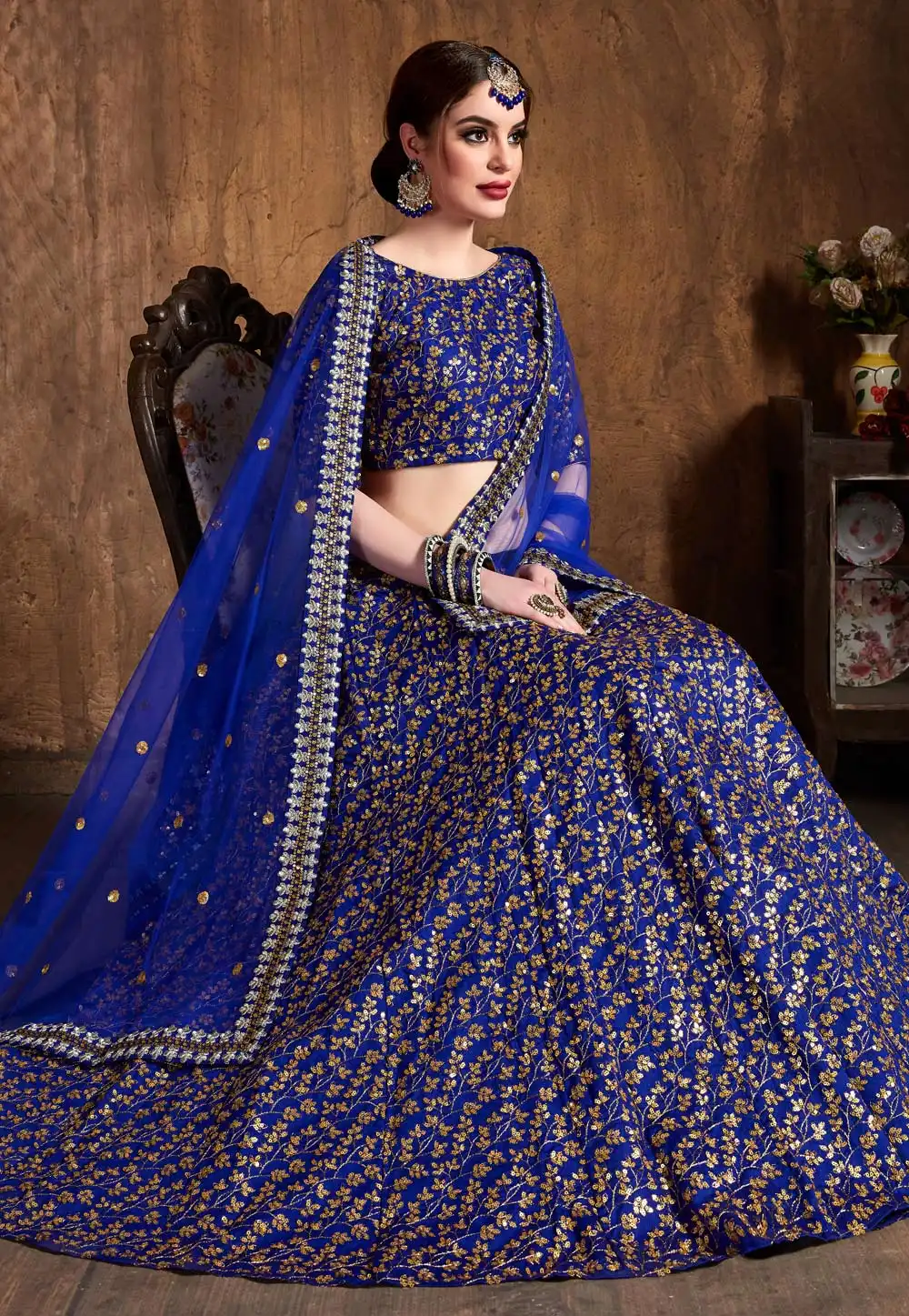 Blue Raw Silk Embroidered Circular Lehenga Choli 193943
