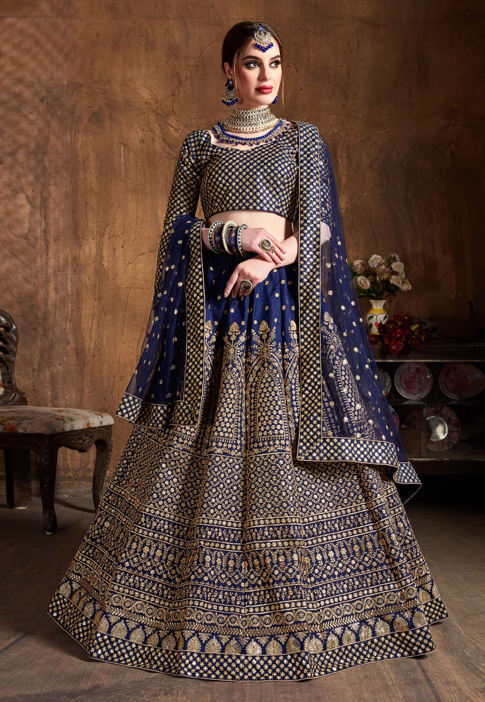 Navy Blue Raw Silk Embroidered Circular Lehenga Choli 193944
