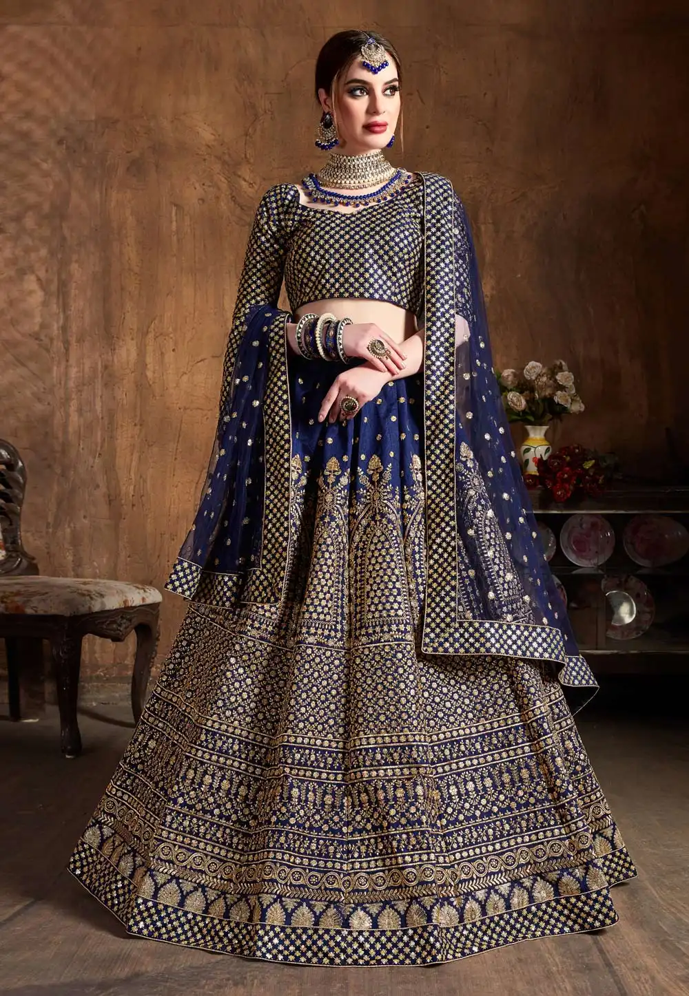 Navy Blue Raw Silk Embroidered Circular Lehenga Choli 193944