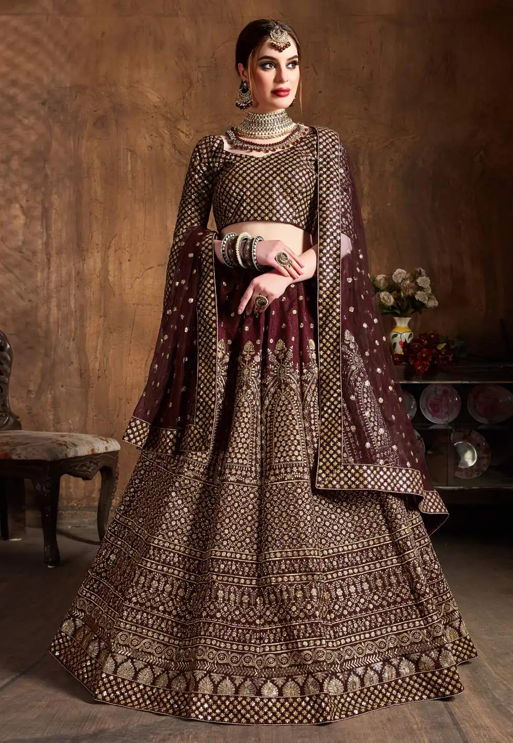 Maroon Raw Silk Embroidered Circular Lehenga Choli 193945