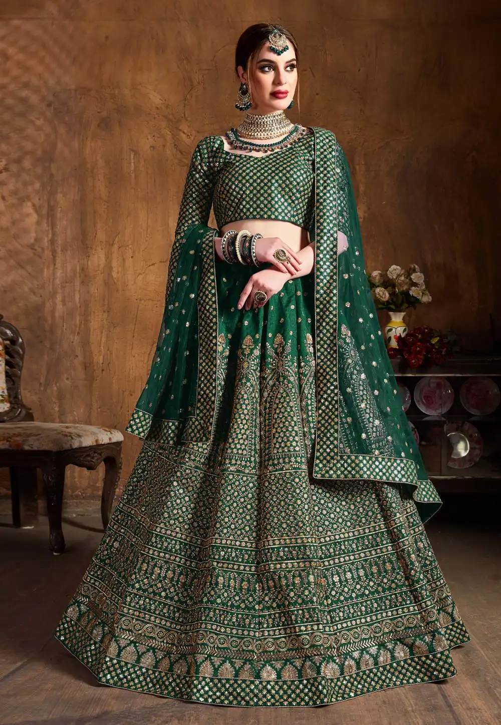 Green Raw Silk Embroidered Circular Lehenga Choli 193946