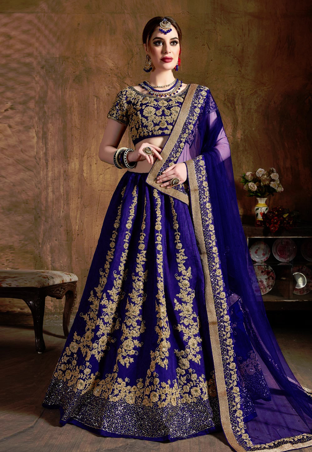 Blue Raw Silk Embroidered Circular Lehenga Choli 193947