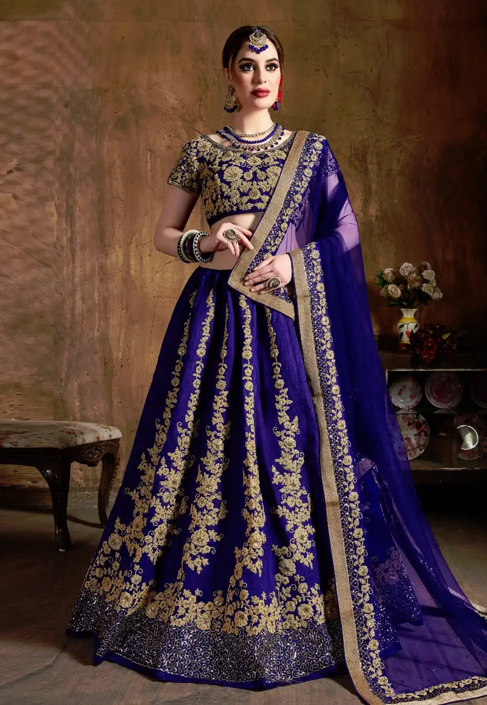 Blue Raw Silk Embroidered Circular Lehenga Choli 193947