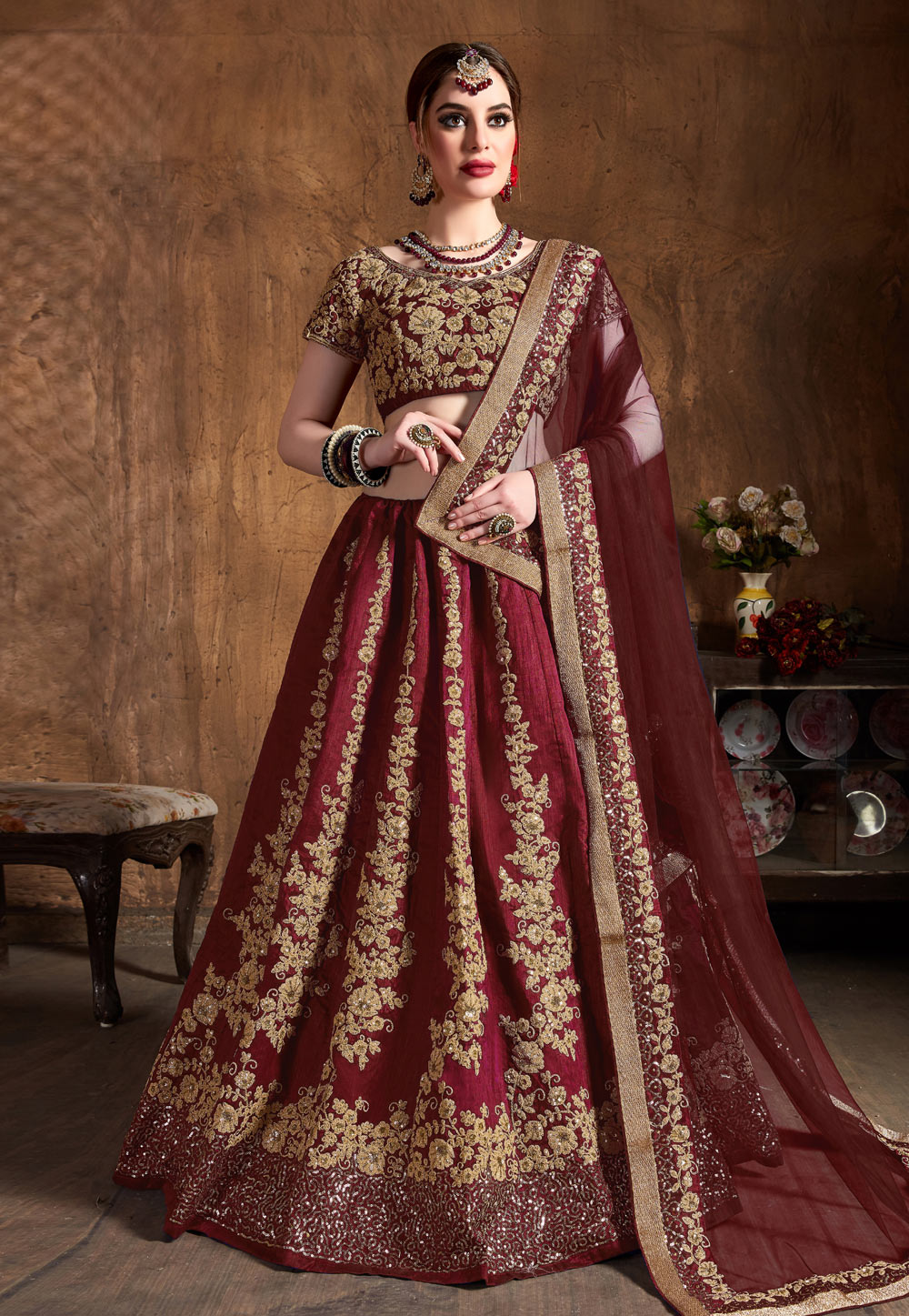 Maroon Raw Silk Embroidered Circular Lehenga Choli 193948
