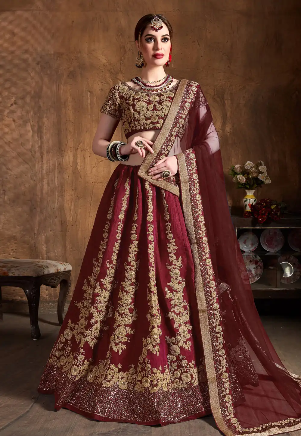 Maroon Raw Silk Embroidered Circular Lehenga Choli 193948