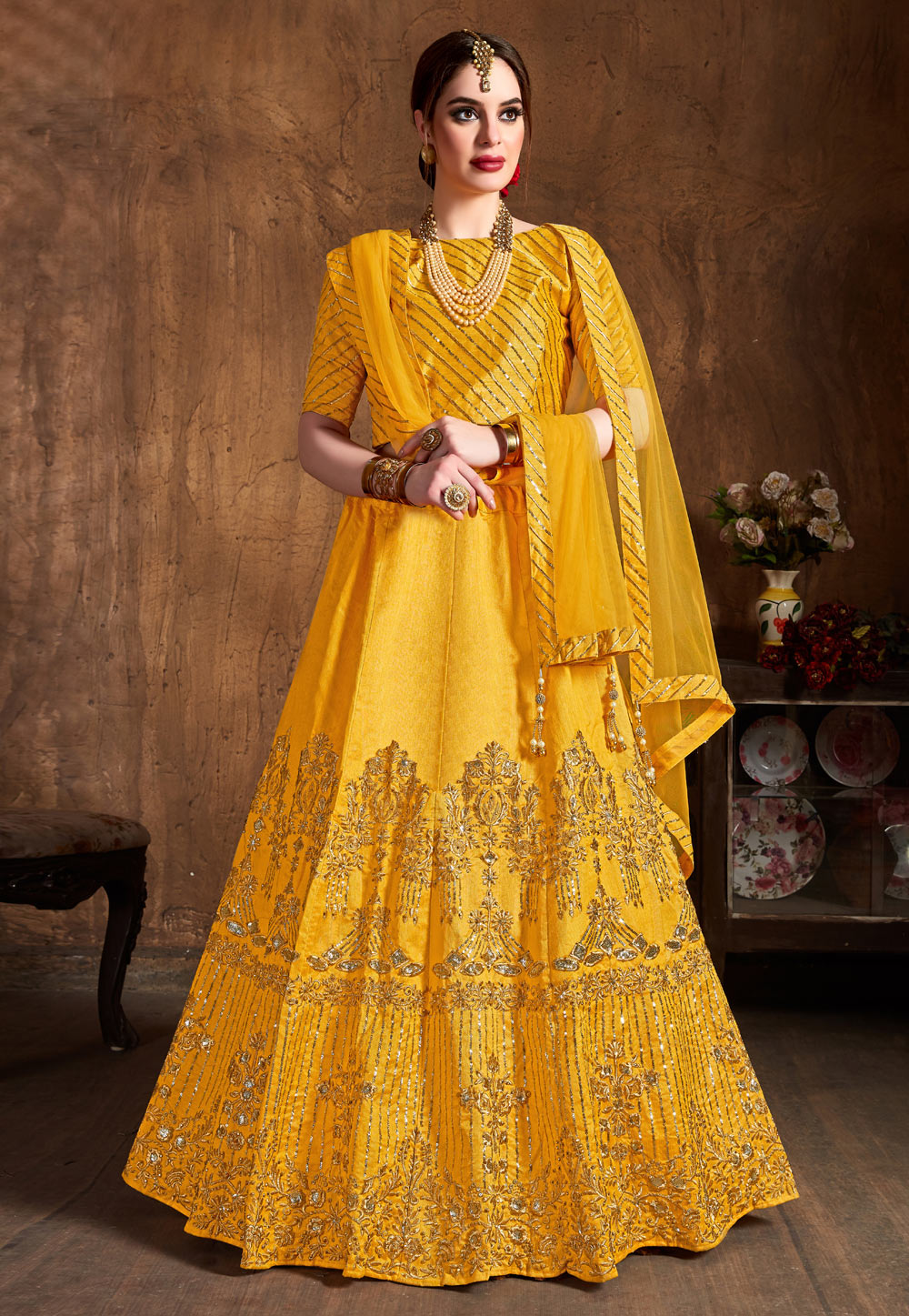 Yellow Art Silk Embroidered Circular Lehenga Choli 193954