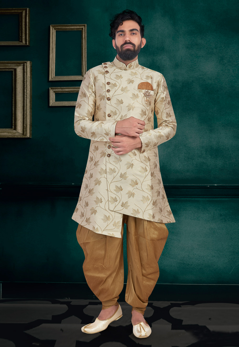 Beige Jacquard Readymade Indo Western Suit 188434