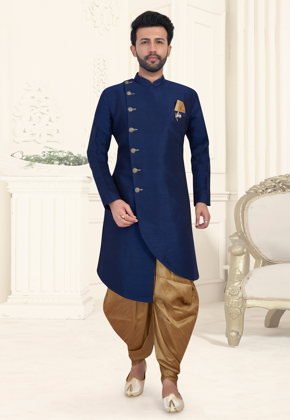 Navy Blue Art Silk Readymade Indo Western Suit 188437