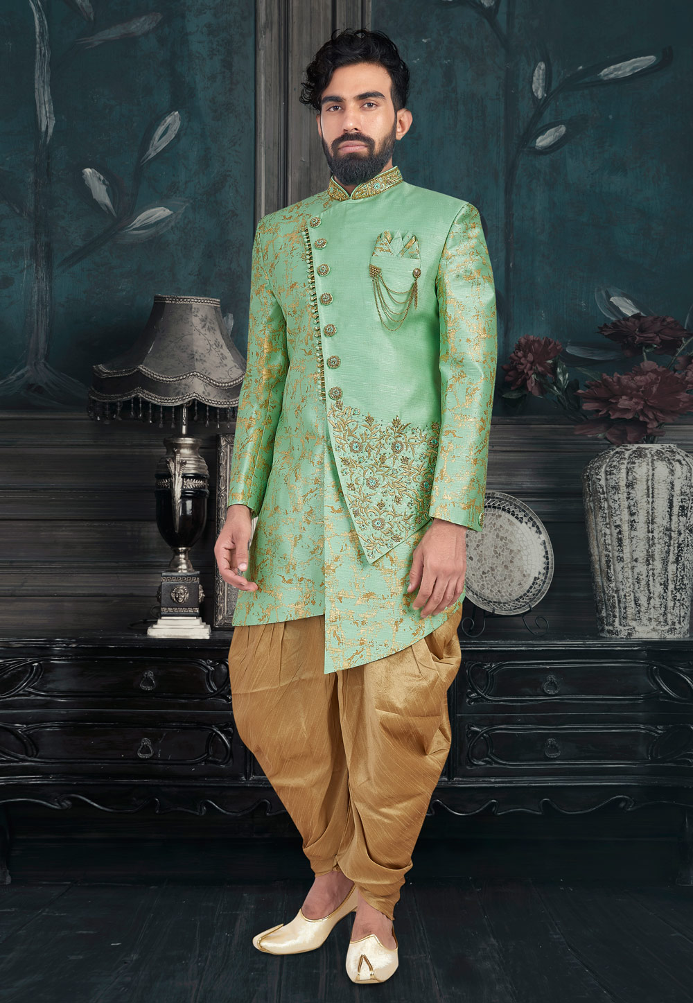 Light Green Art Silk Readymade Indo Western Suit 188476