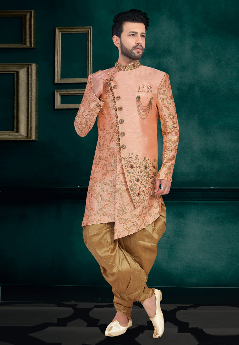 Peach Art Silk Readymade Indo Western Suit 188478