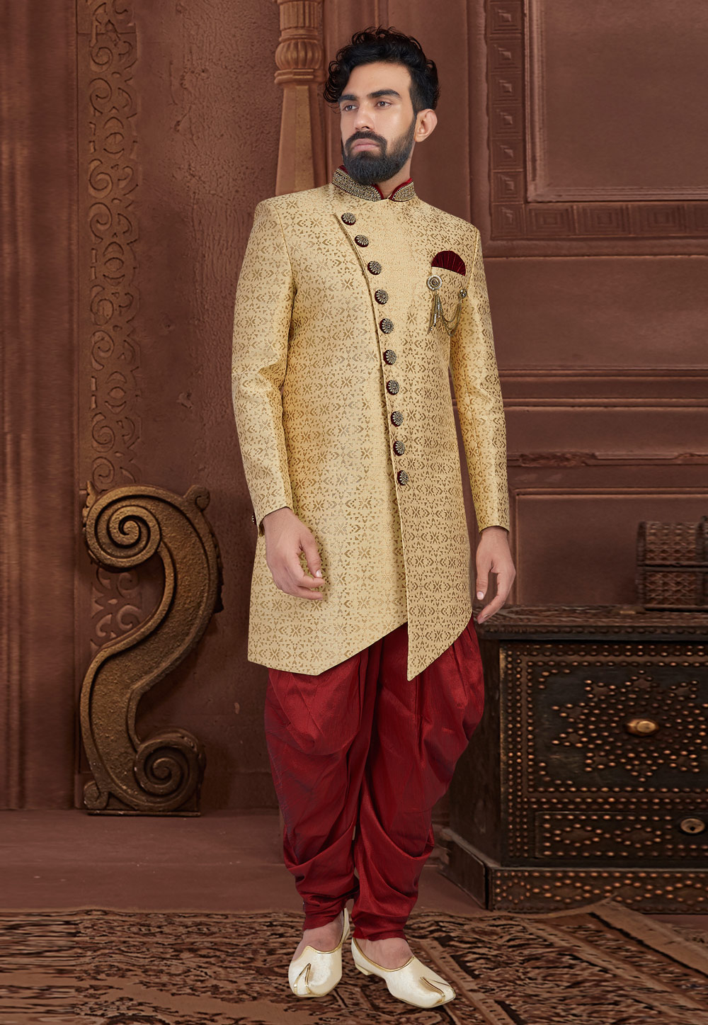 Golden Jacquard Readymade Dhoti Sherwani 188485