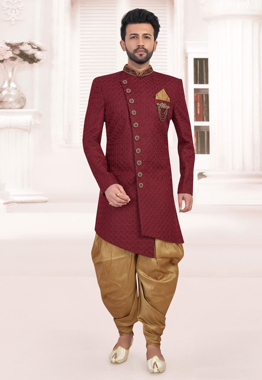 Maroon Rayon Readymade Indo Western Suit 188490