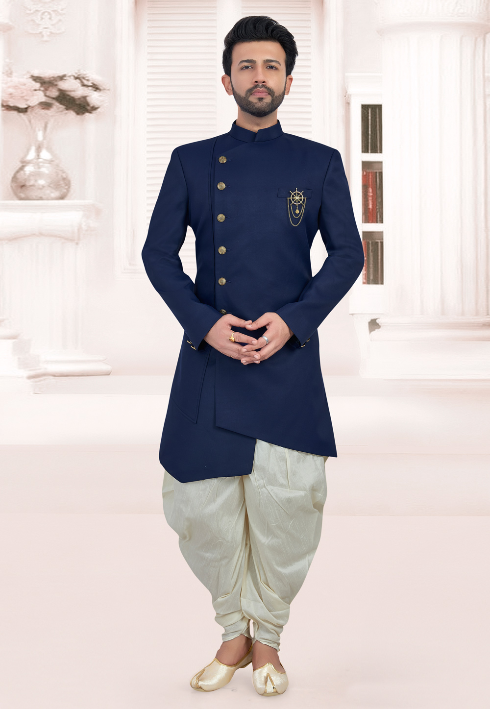 Navy Blue Rayon Readymade Indo Western Suit 188498