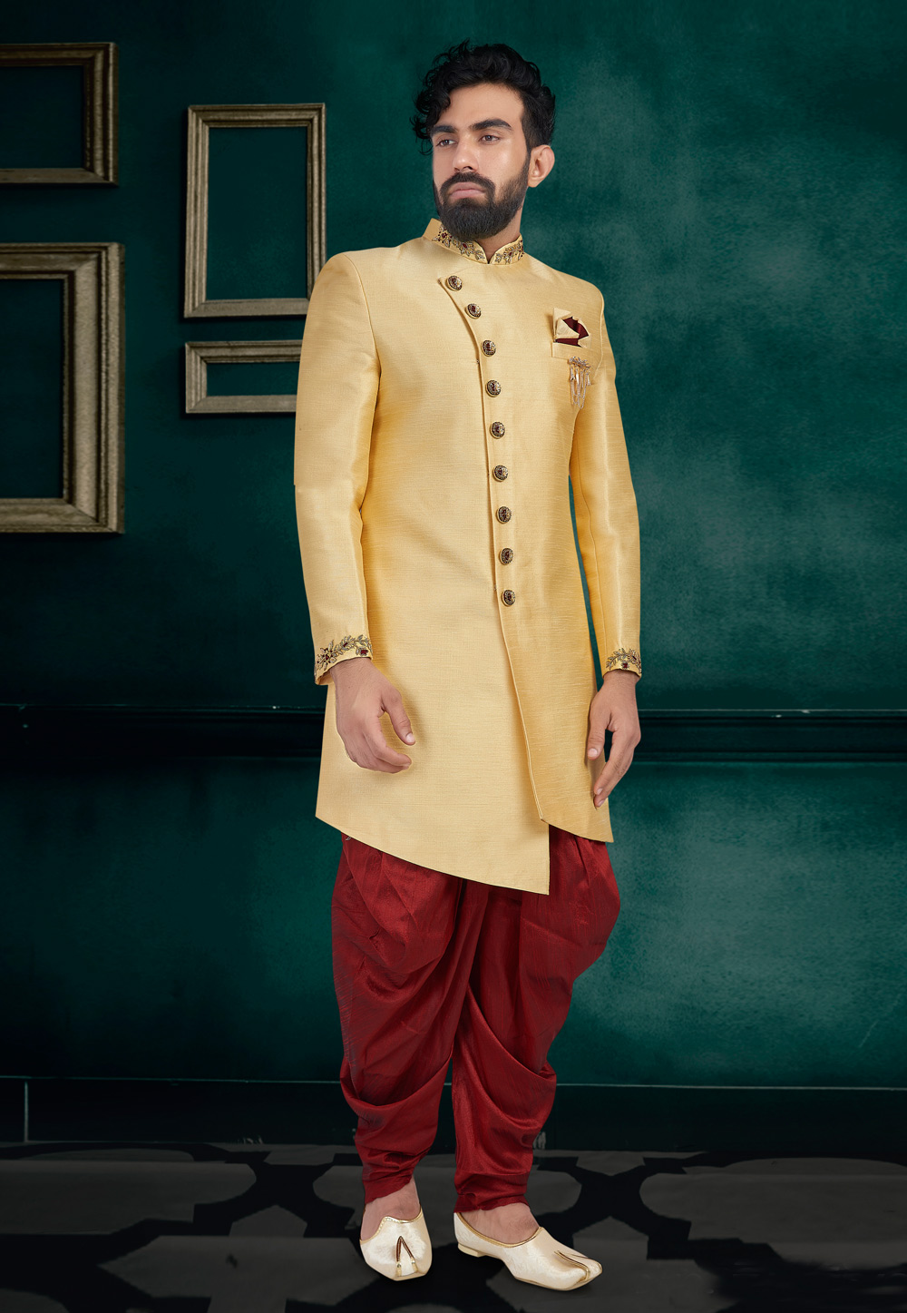 Golden Art Silk Readymade Indo Western Suit 188624