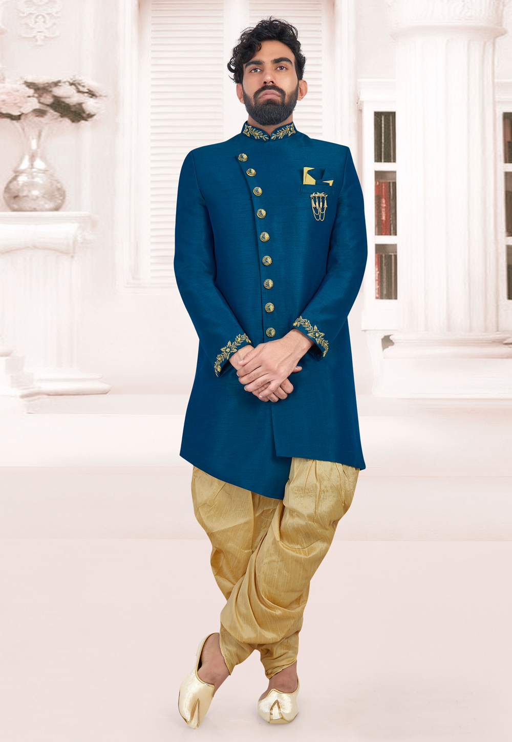 Blue Art Silk Readymade Indo Western Suit 188628