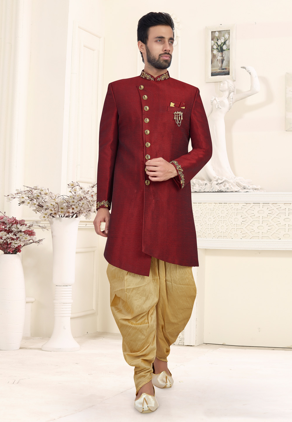 Maroon Art Silk Readymade Indo Western Suit 188629