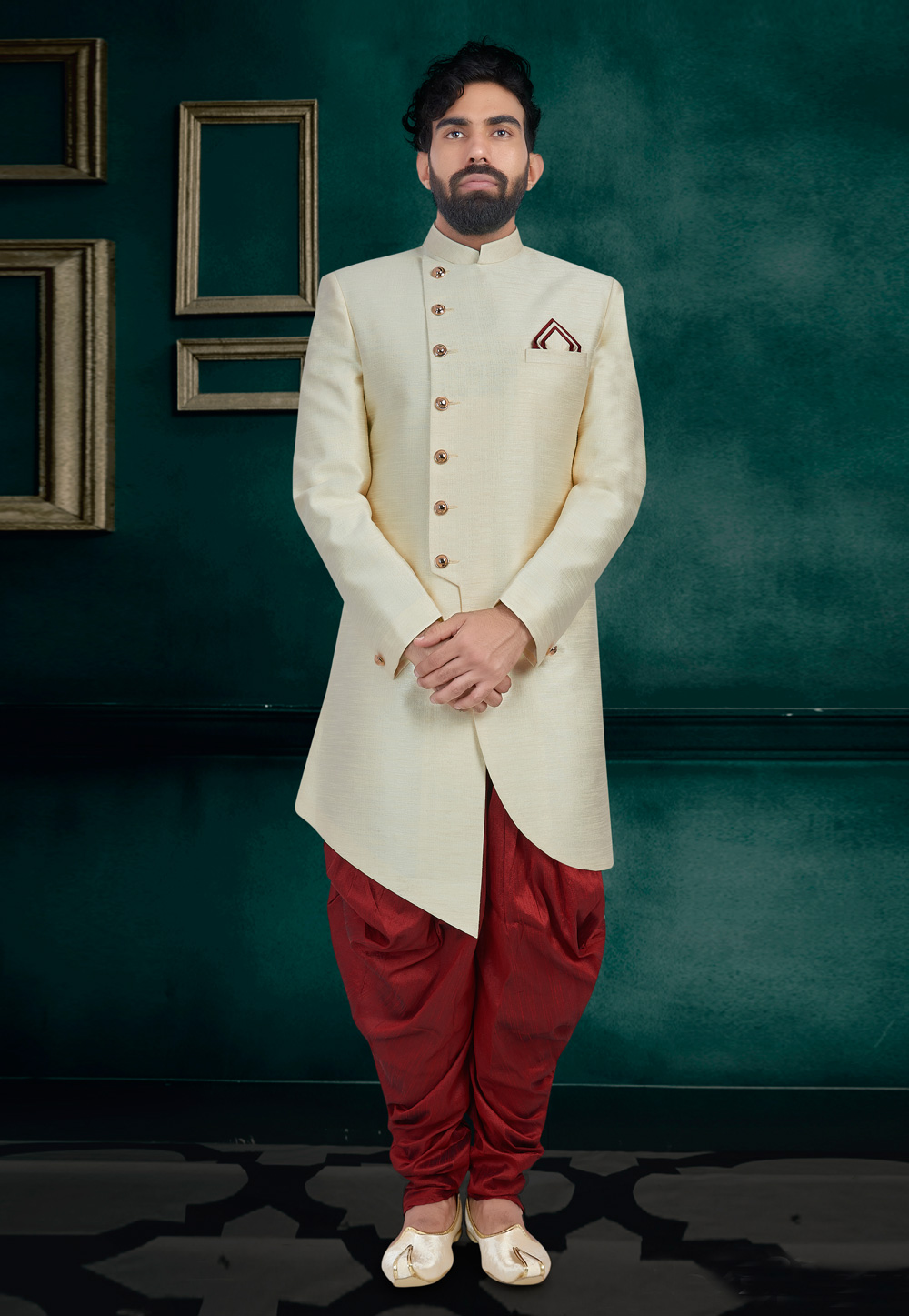 Beige Art Silk Readymade Indo Western Suit 188640