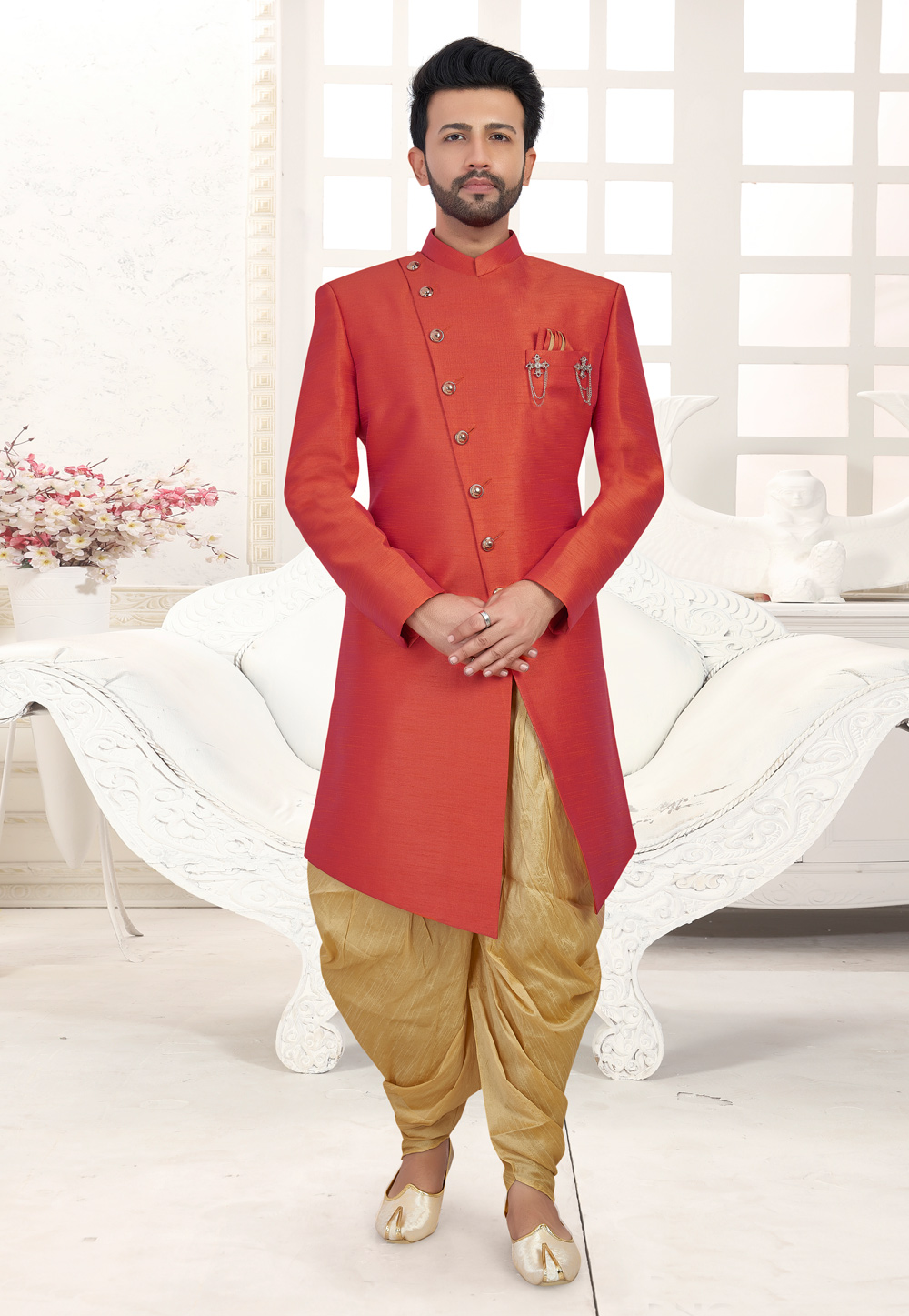 Orange Art Silk Readymade Indo Western Suit 188643