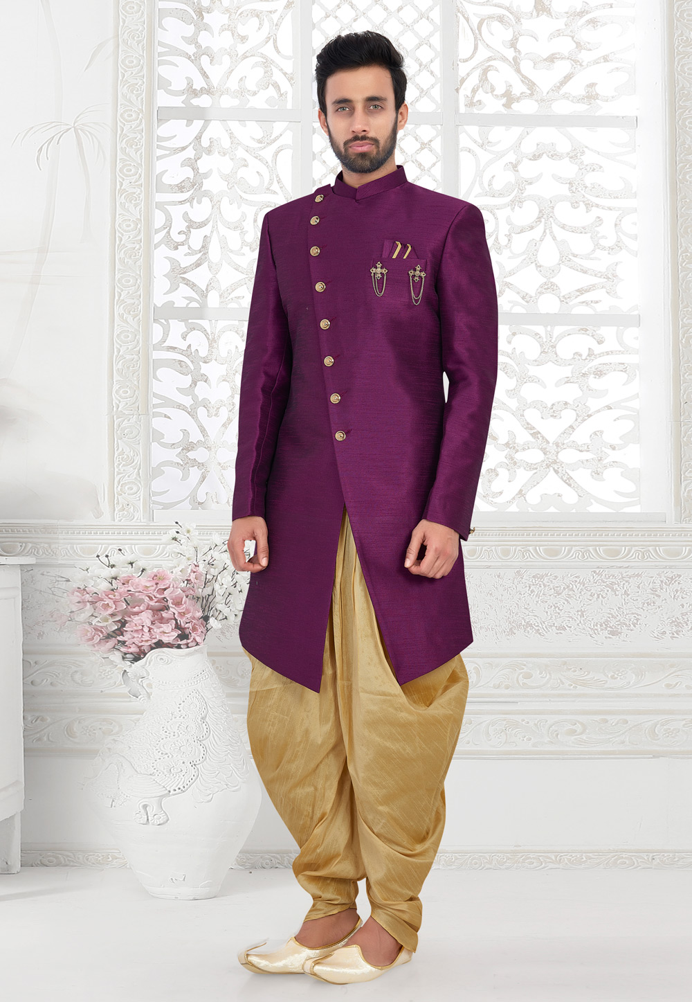 Purple Art Silk Readymade Indo Western Suit 188644