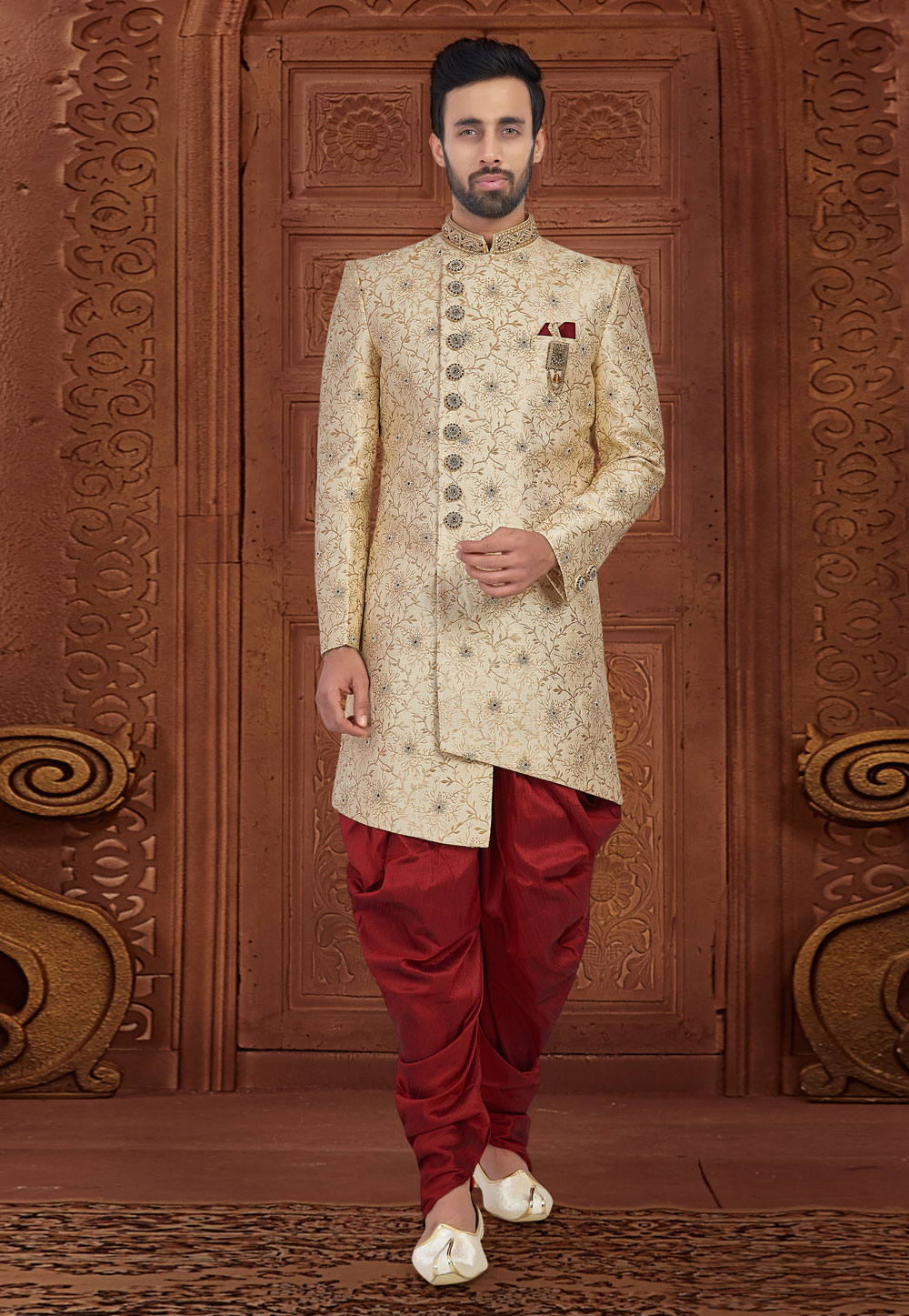 Cream Jacquard Readymade Indo Western Suit 188658