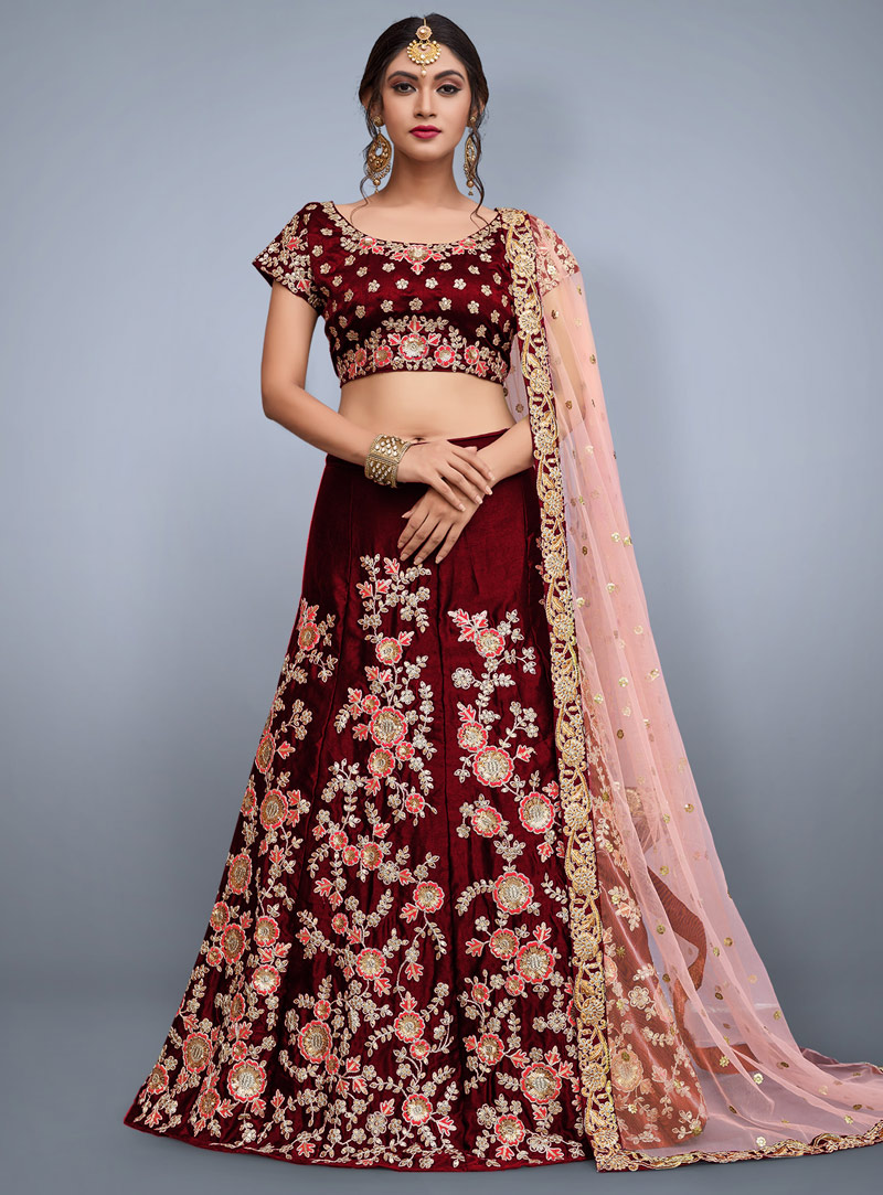 Maroon Velvet Silk A Line Lehenga Choli 139202