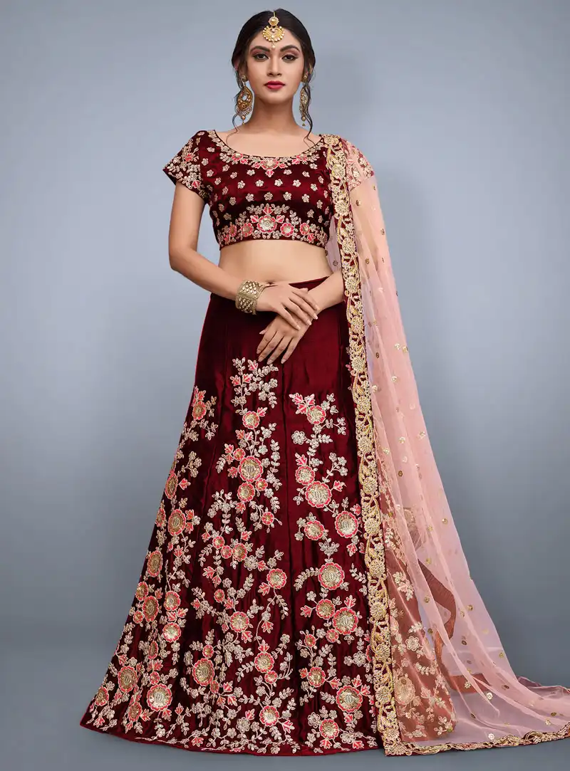 Maroon Velvet Silk A Line Lehenga Choli 139202