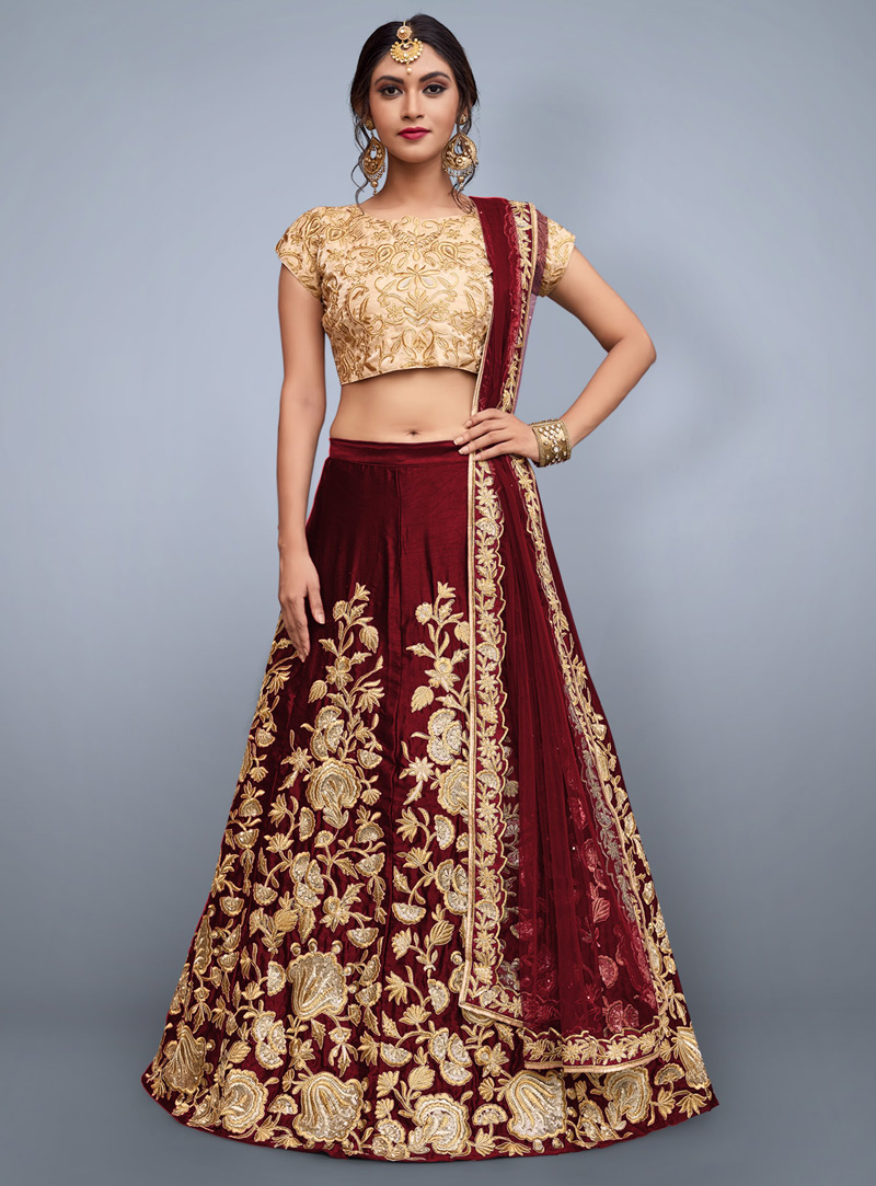 Maroon Velvet Silk A Line Lehenga Choli 139203
