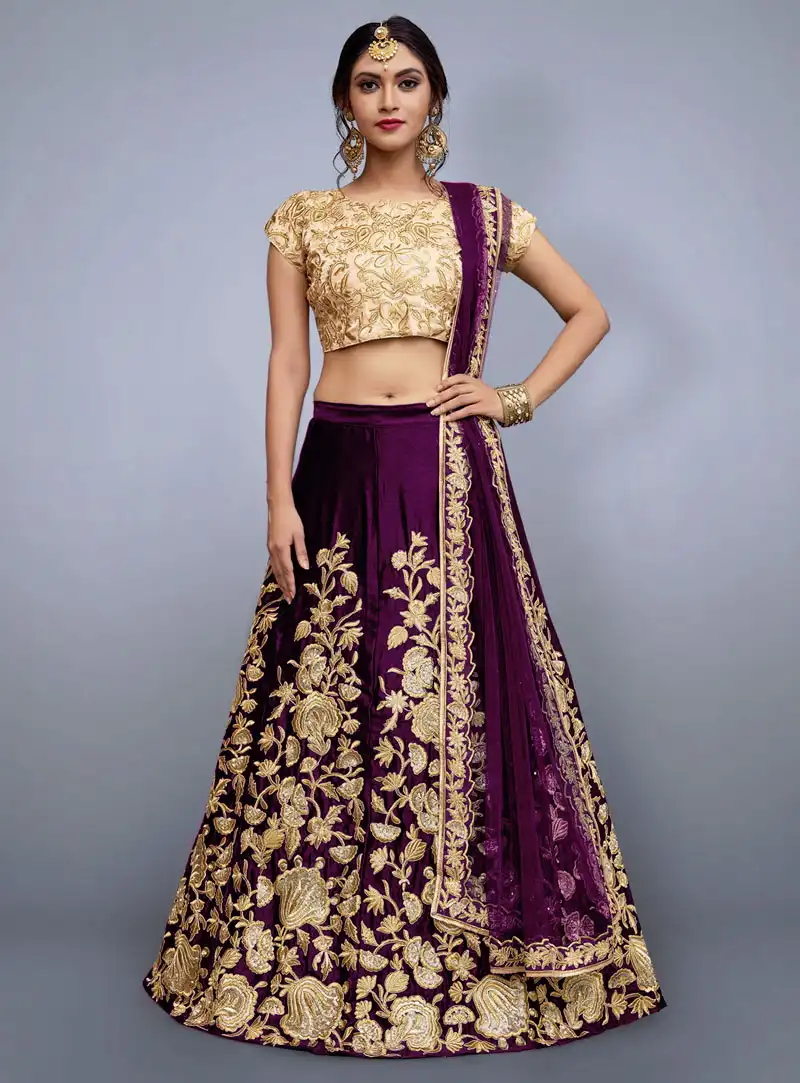 Purple Velvet Silk Embroidered Lehenga Choli 139204
