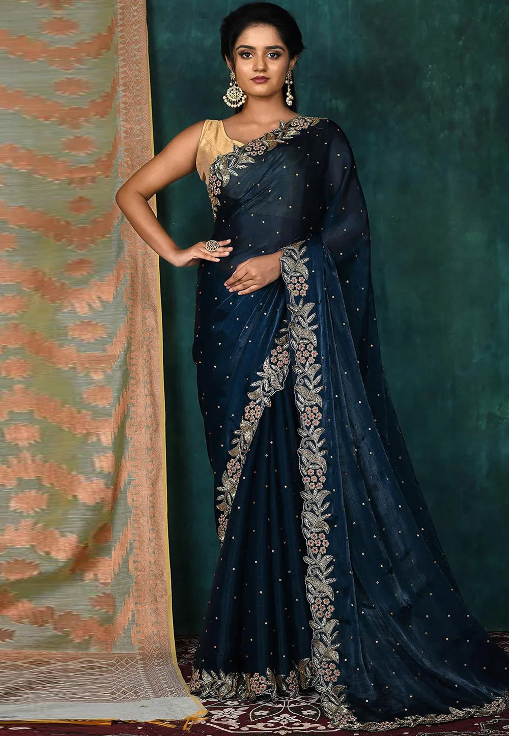 Navy Blue Tissue Silk Saree With Blouse 248268