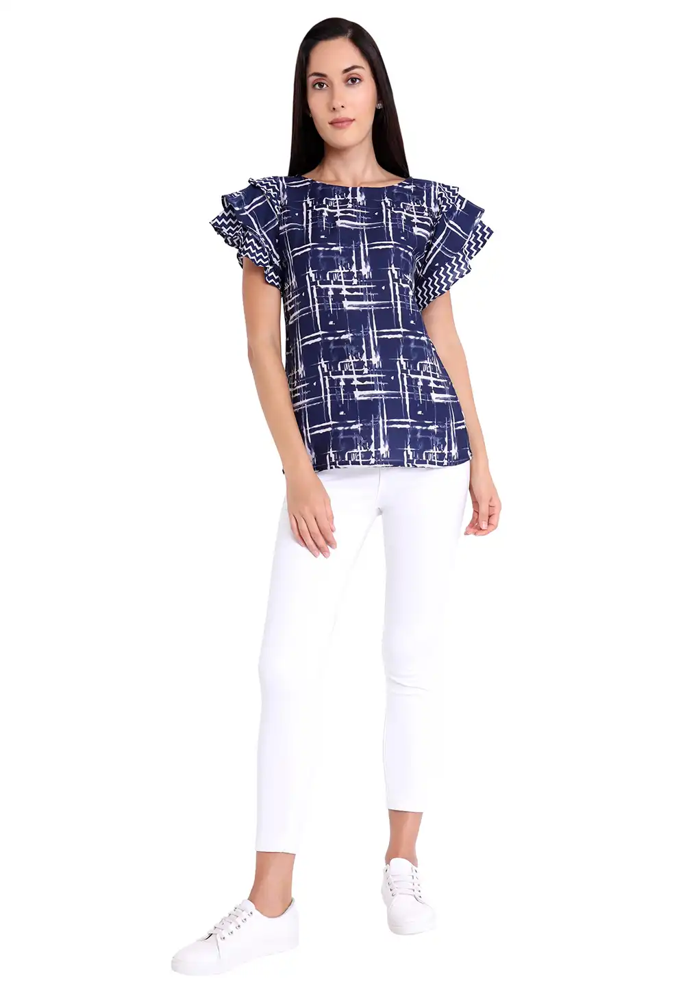 Navy Blue Crepe Readymade Printed Top 188743