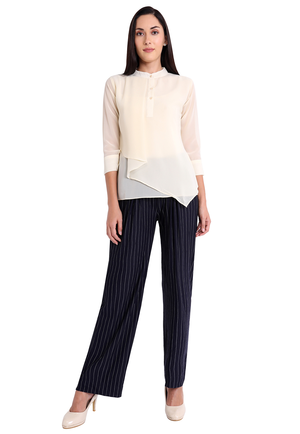 Cream Faux Georgette Readymade Casual Top 188744