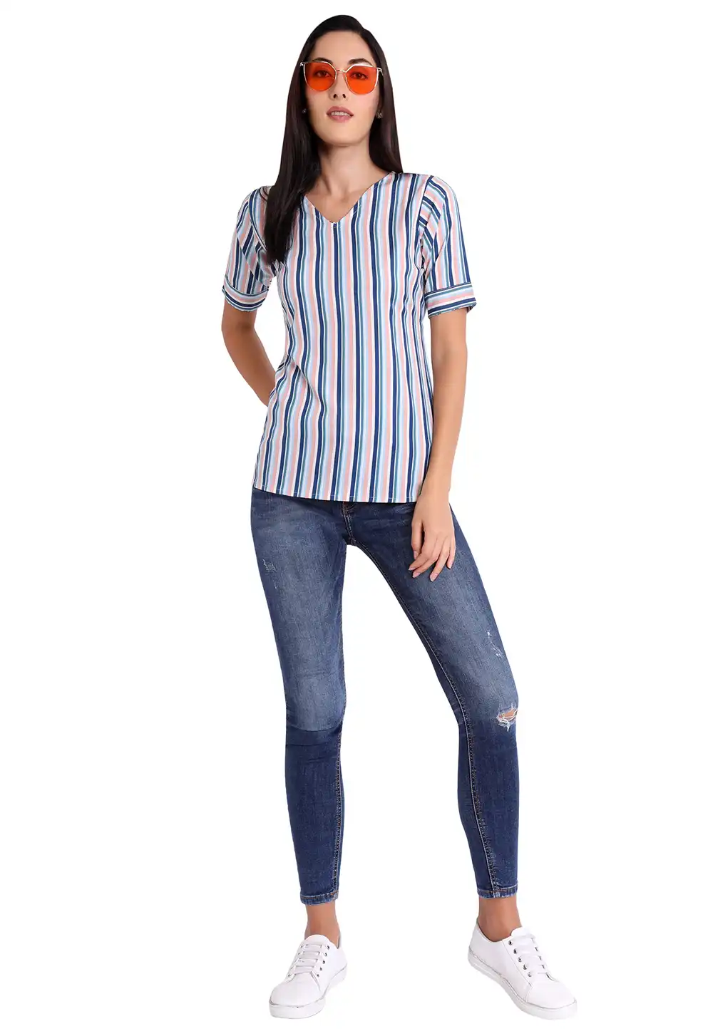 Sky Blue Crepe Readymade Printed Top 188750