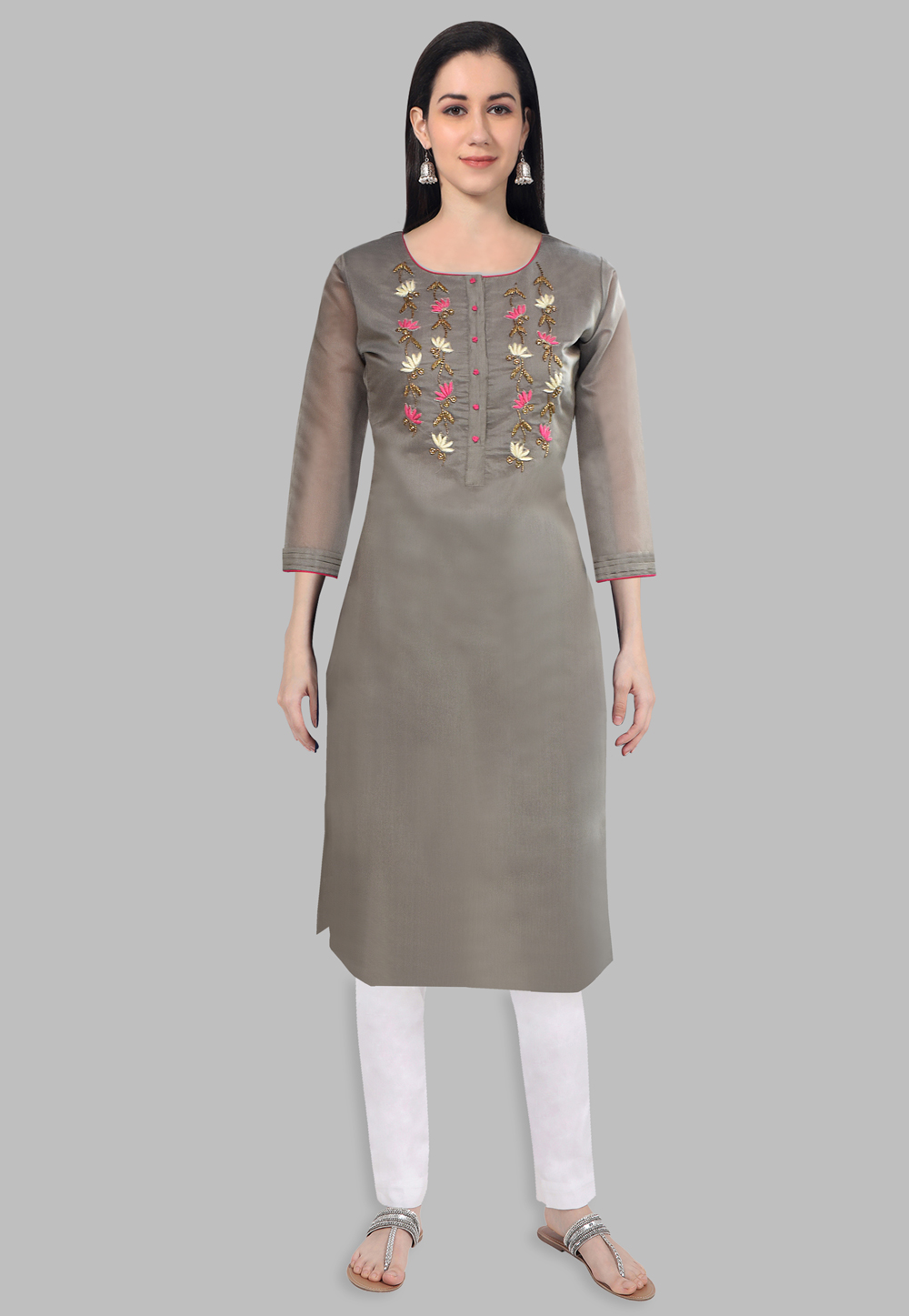 Chanderi Silk Handwork Kurti In Grey 201426