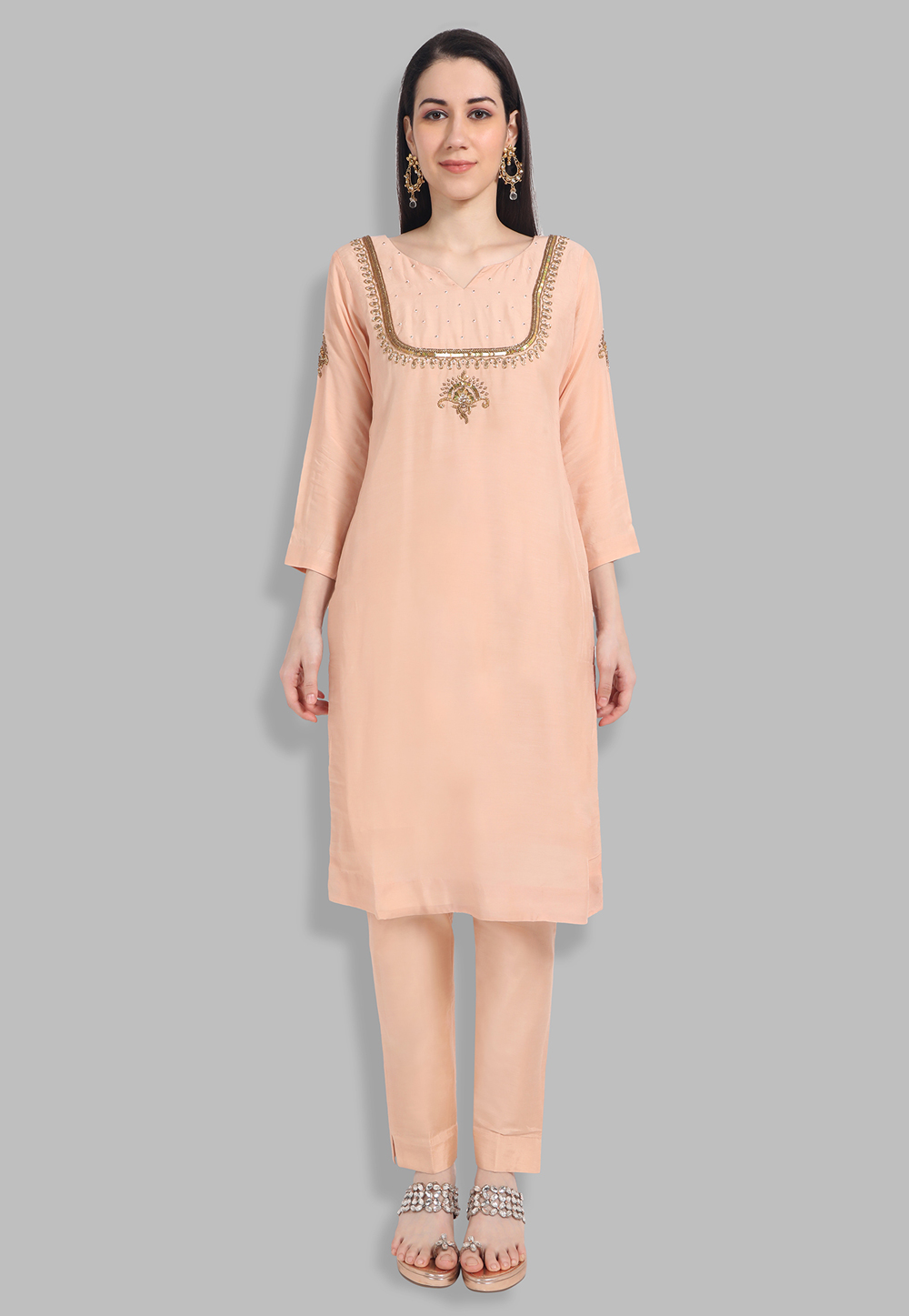 Peach Muslin Handwork Kurti 201427