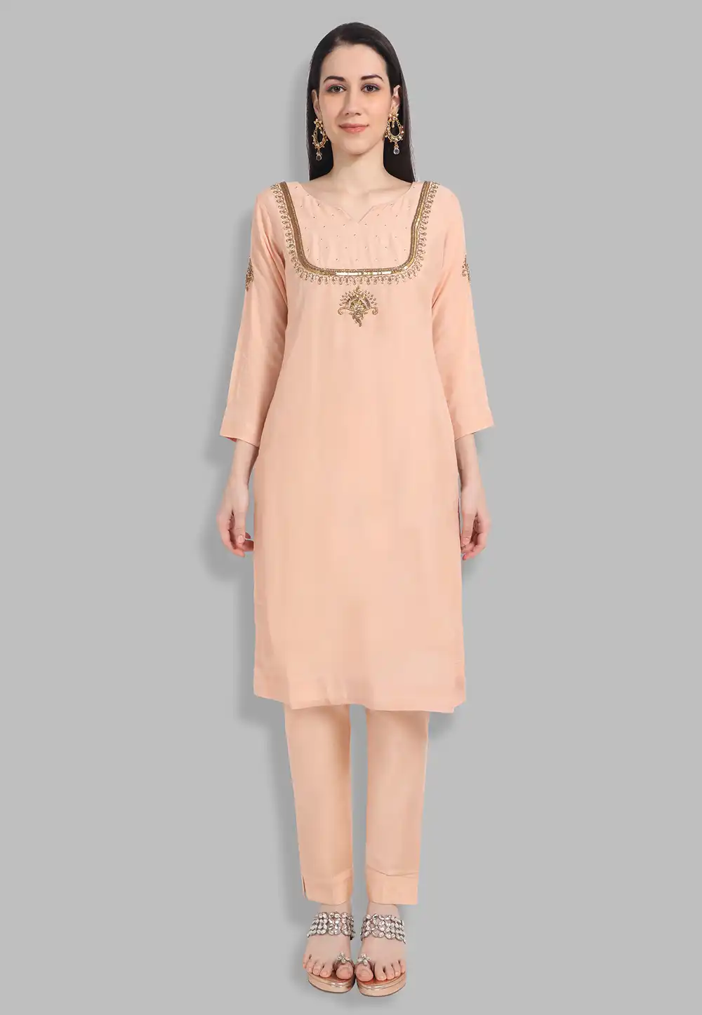 Peach Muslin Handwork Kurti 201427