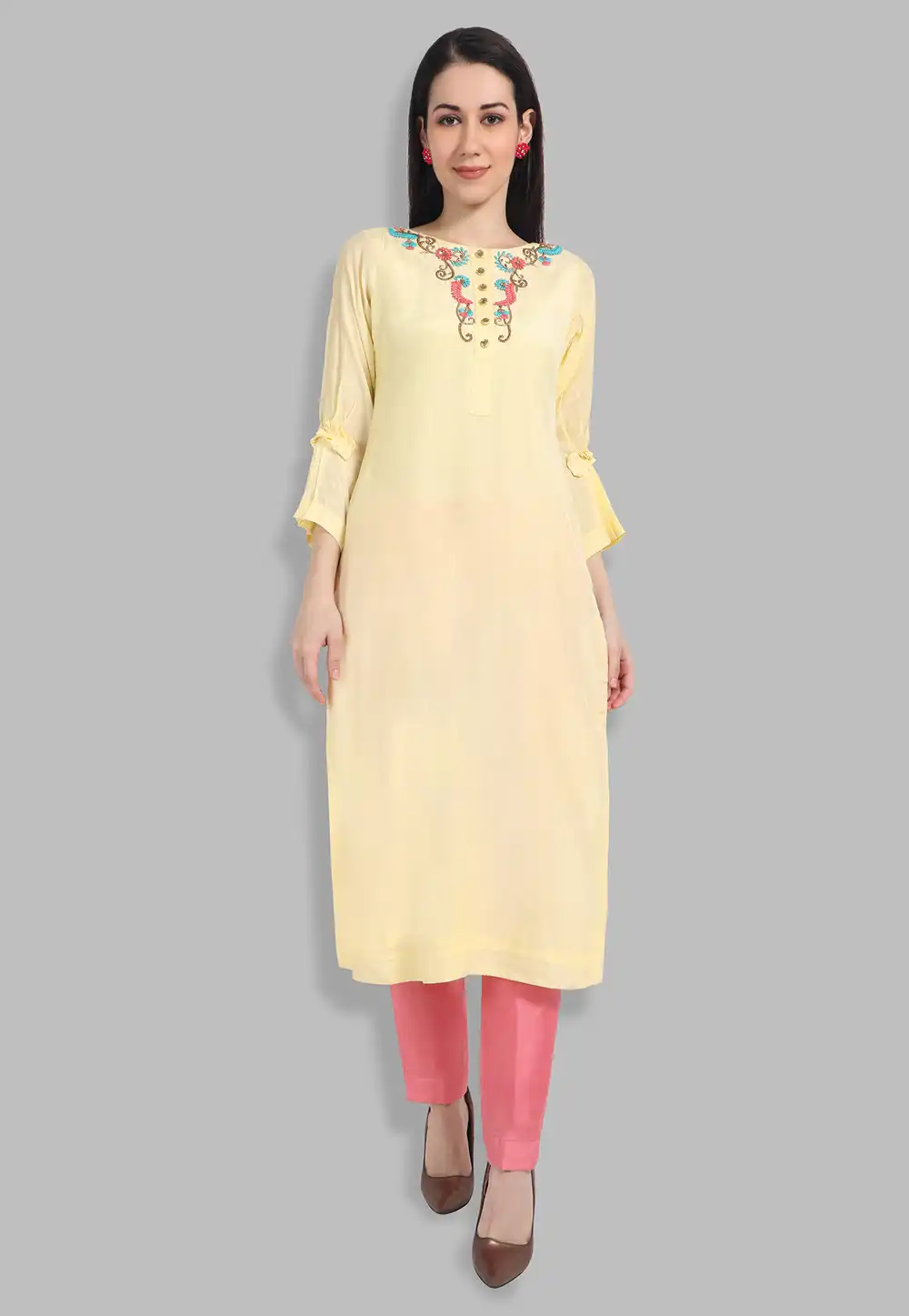 Muslin Handwork Kurti In Yellow 201432
