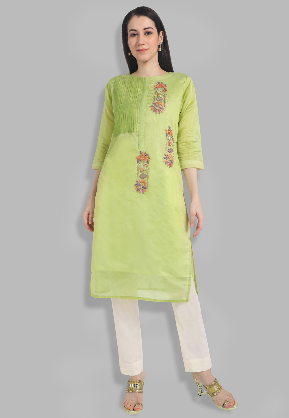 Green Chanderi Silk Handwork Kurti 201433