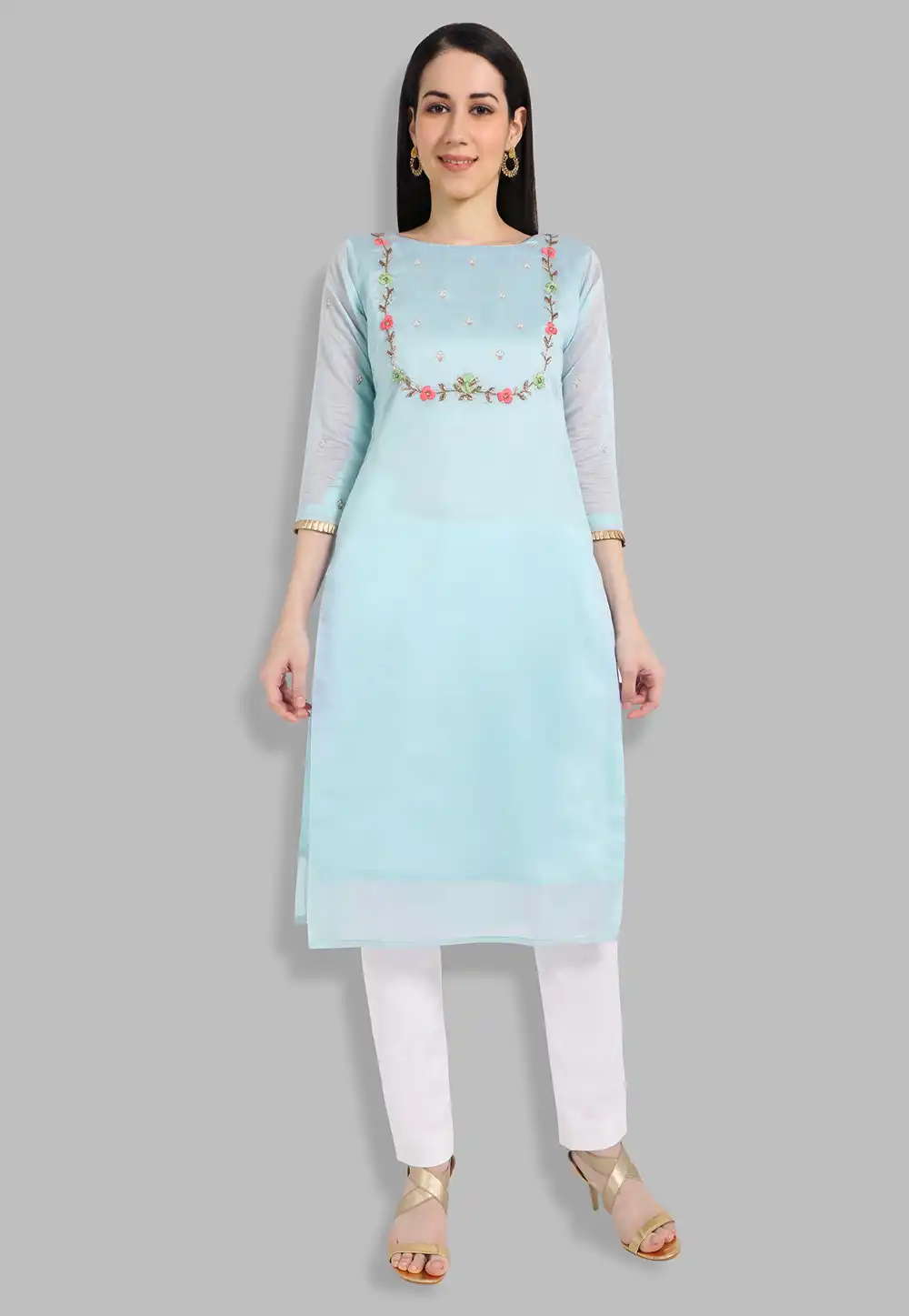 Chanderi Silk Handwork Kurti In Blue 201434