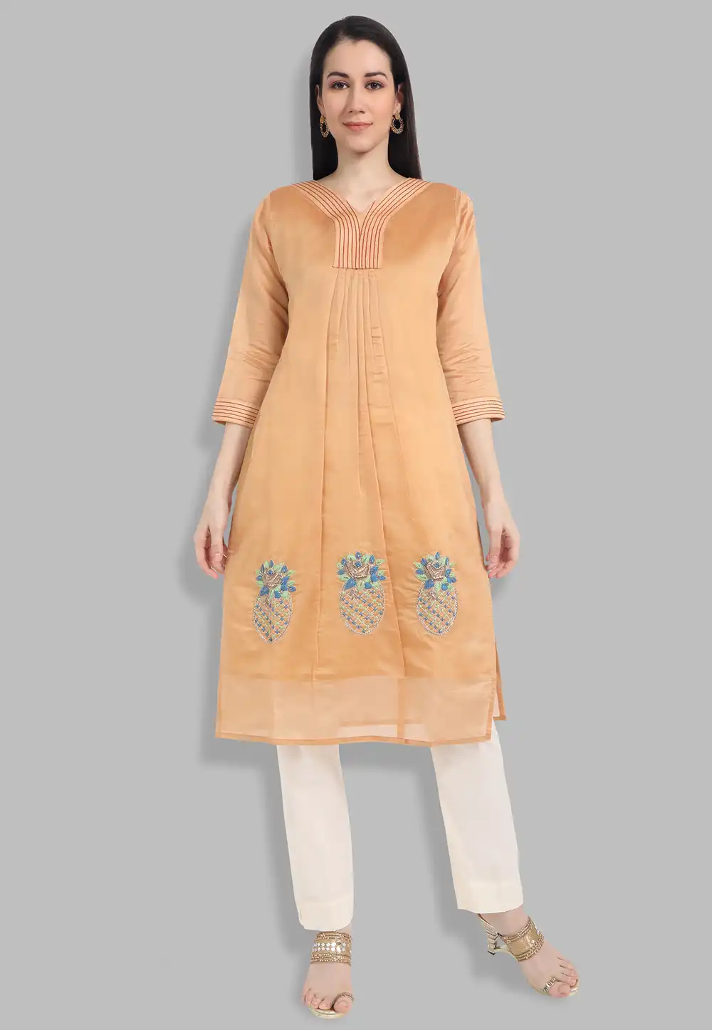 Chanderi Silk Handwork Kurti In Orange 201438