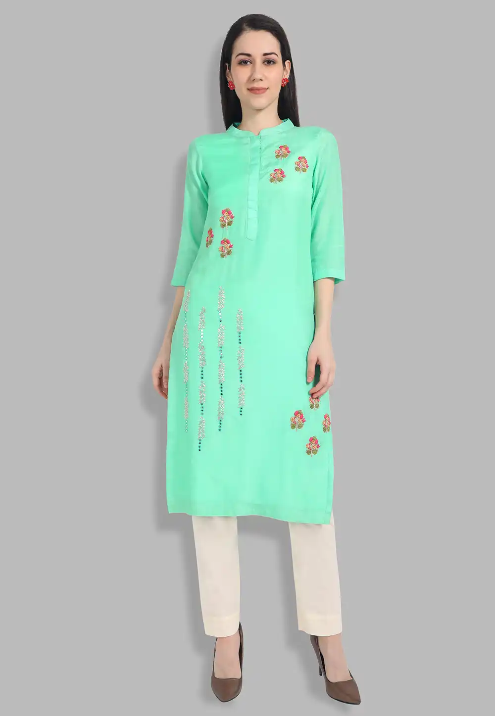 Sea Green Muslin Handwork Kurti 201439
