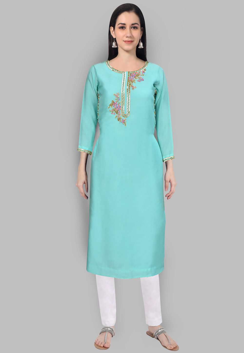 Muslin Handwork Kurti In Aqua 201440