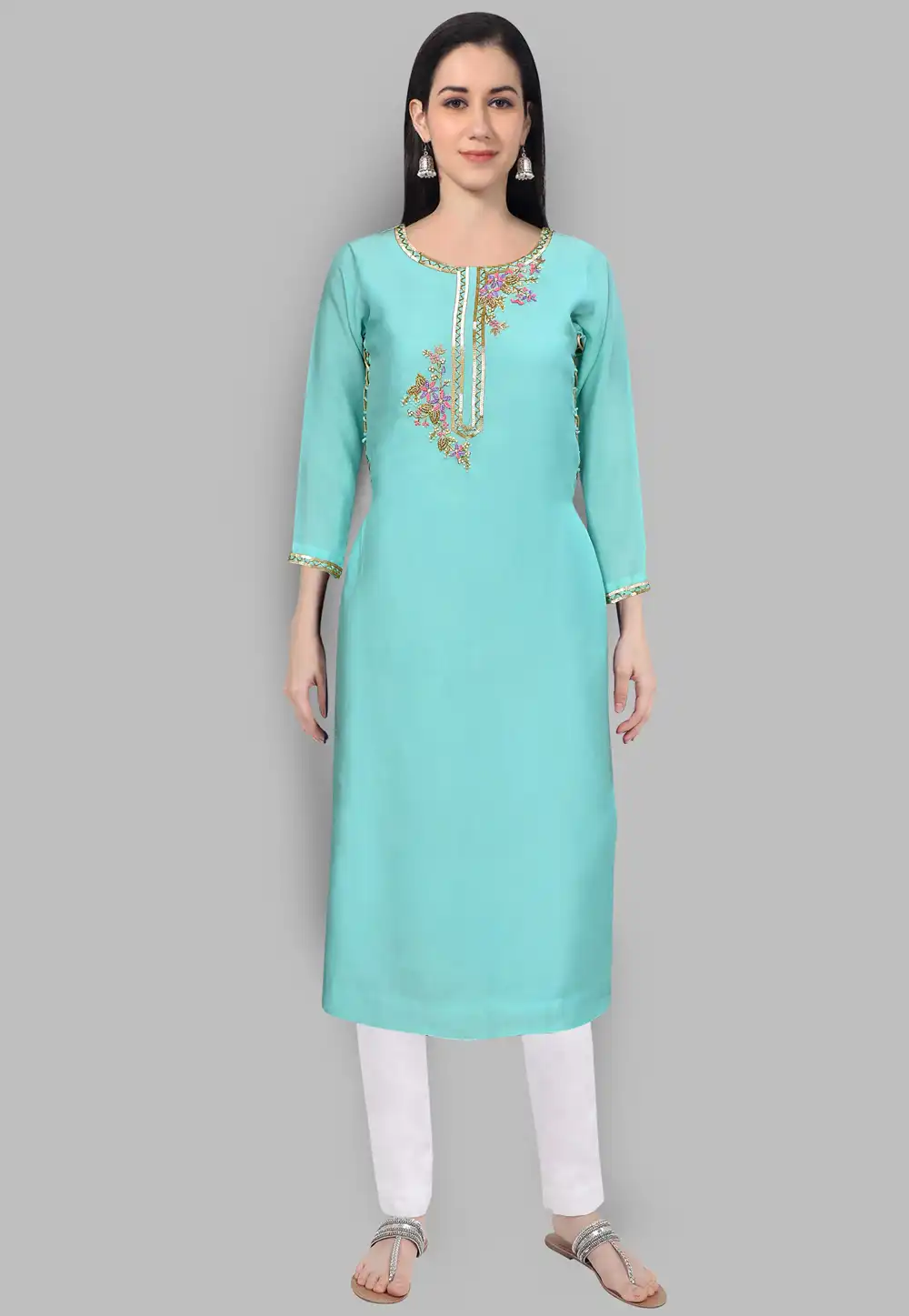 Muslin Handwork Kurti In Aqua 201440