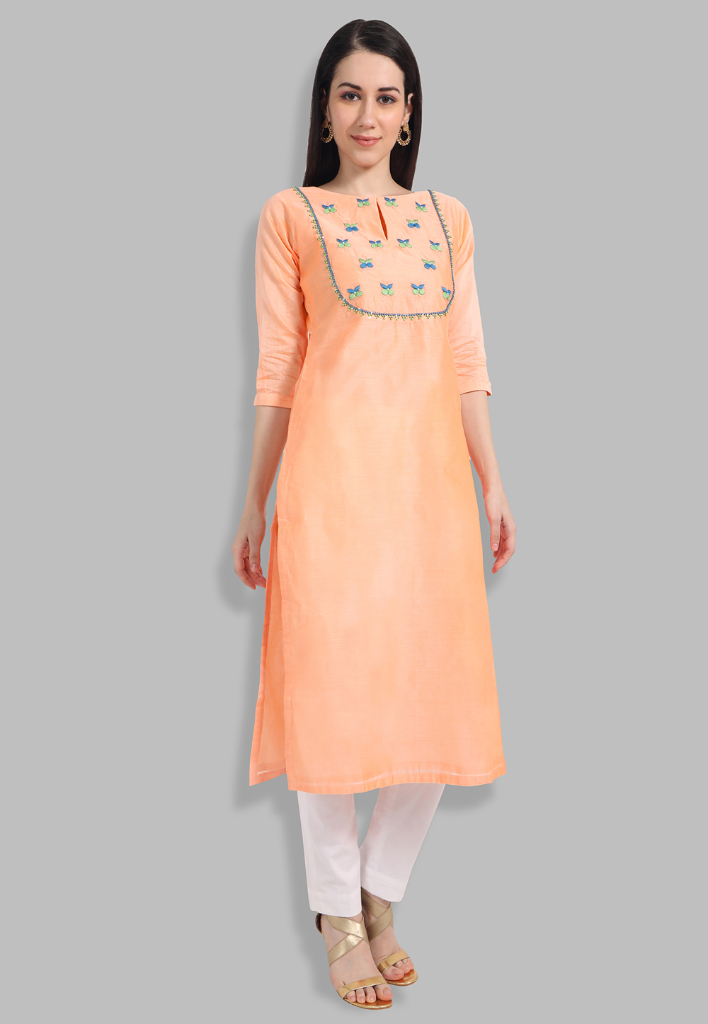 Peach Chanderi Silk Handwork Kurti 201441