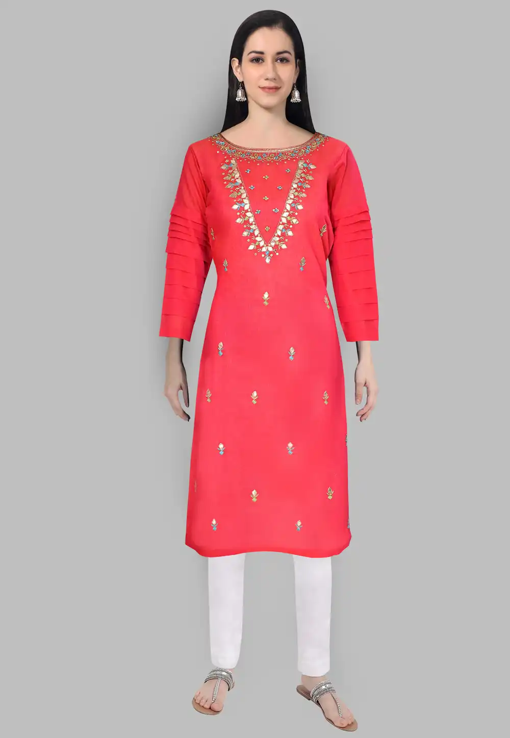 Chanderi Silk Handwork Kurti In Pink 201444