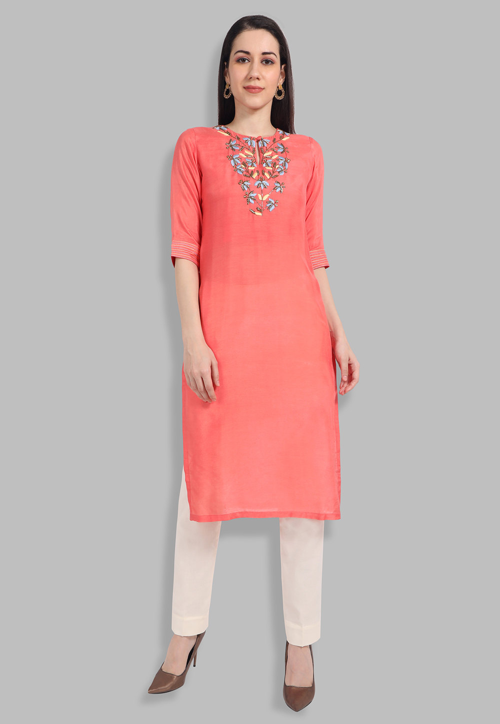 Peach Muslin Silk Handwork Kurti 201445