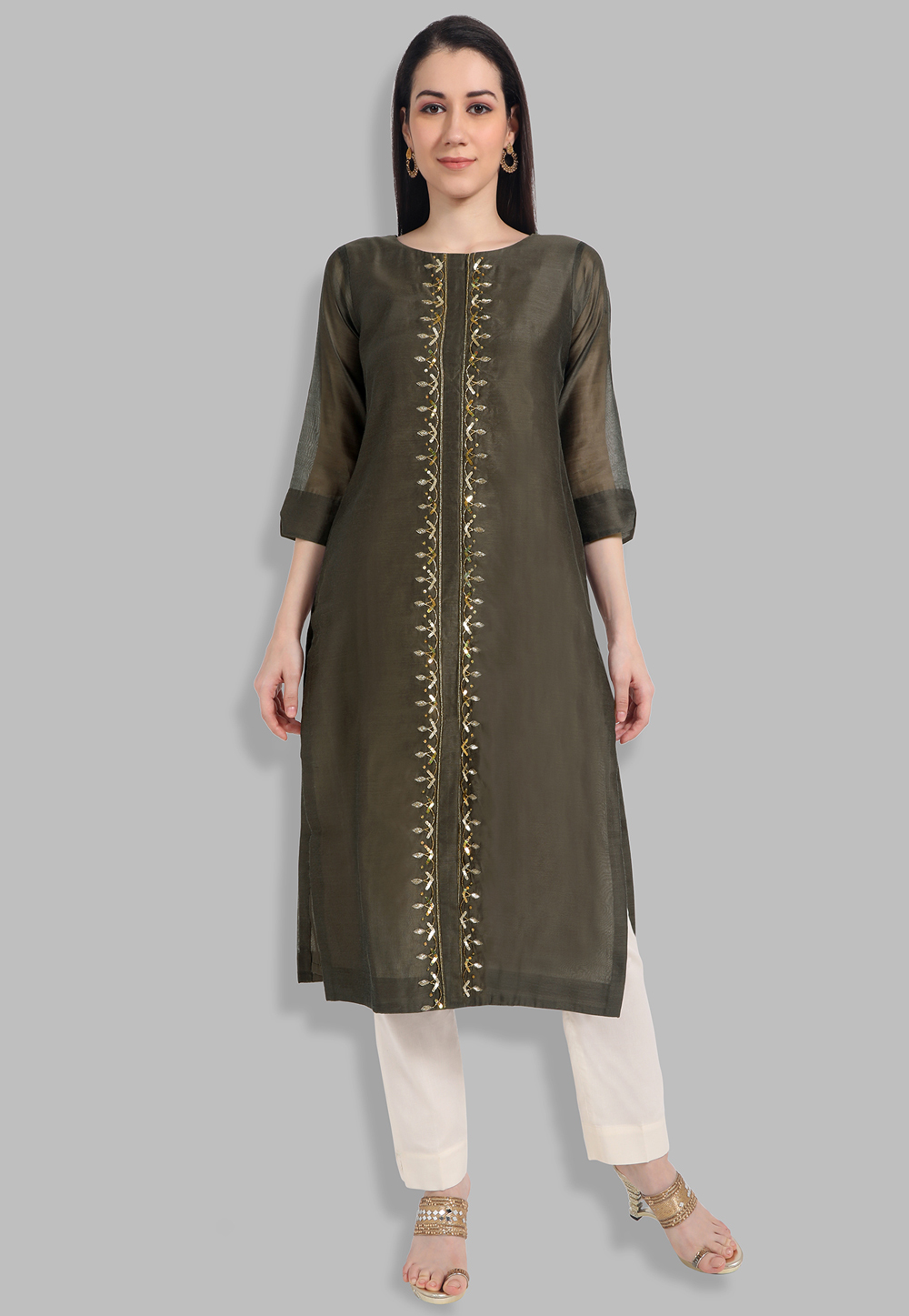 Chanderi Silk Readymade Handwork Kurti In Mehndi 212122